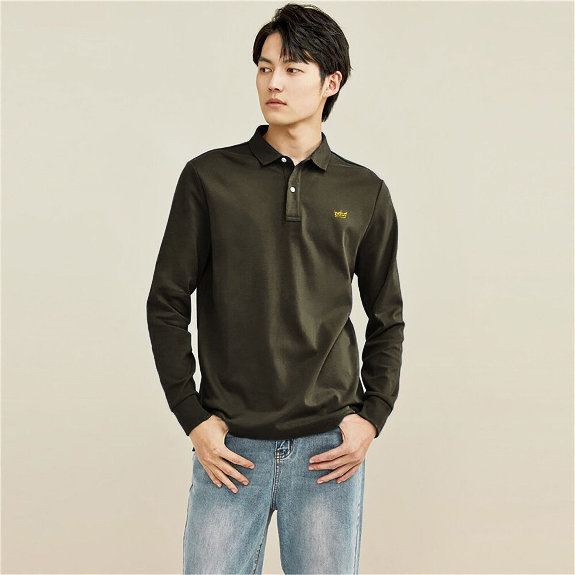 Industrialize Men's Crown Embroidered Long Sleeve Polo Shirt Men's Polo Shirt IST Olive 2XS 