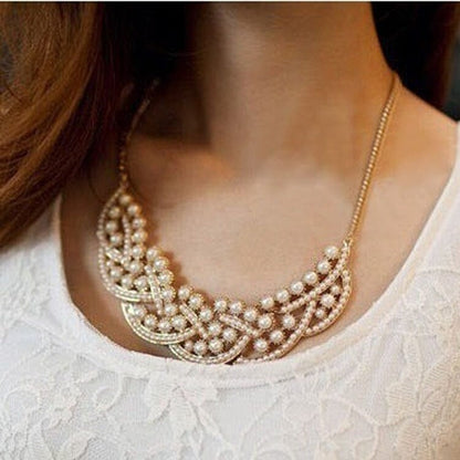 Women's Pearl Hollowed Choker Bib Necklace
