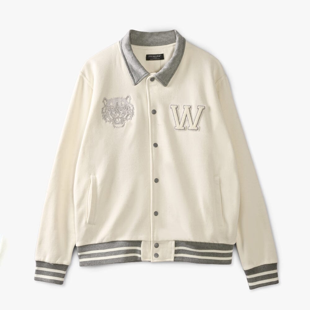 Primark Men's Tiger Embroidered Baseball Varsity Fleece Jacket Men's Jacket HAS Apparel Off White XS 