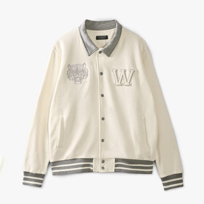 Primark Men's Tiger Embroidered Baseball Varsity Fleece Jacket Men's Jacket HAS Apparel Off White XS 