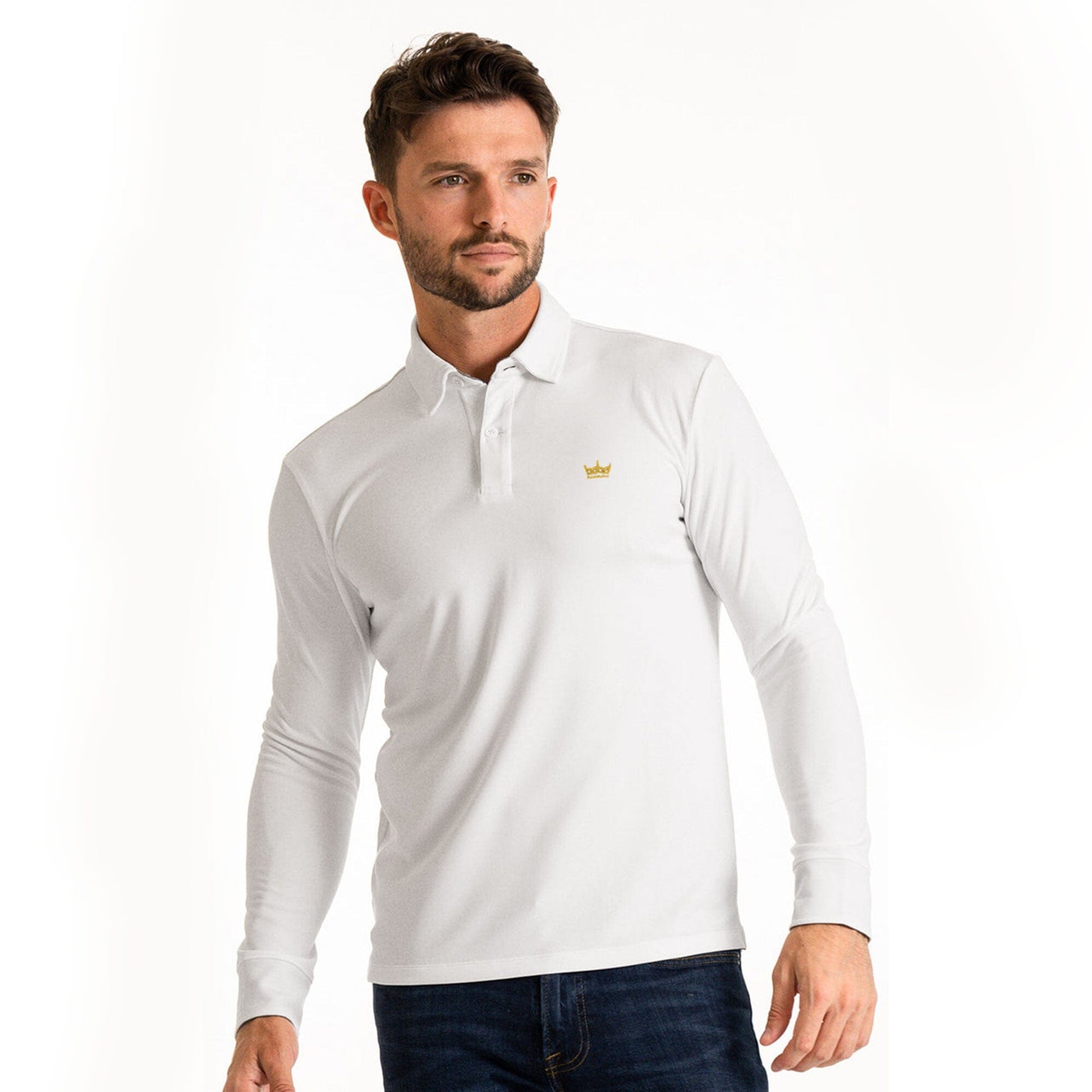 Industrialize Men's Crown Embroidered Long Sleeve Polo Shirt Men's Polo Shirt IST White 2XS 