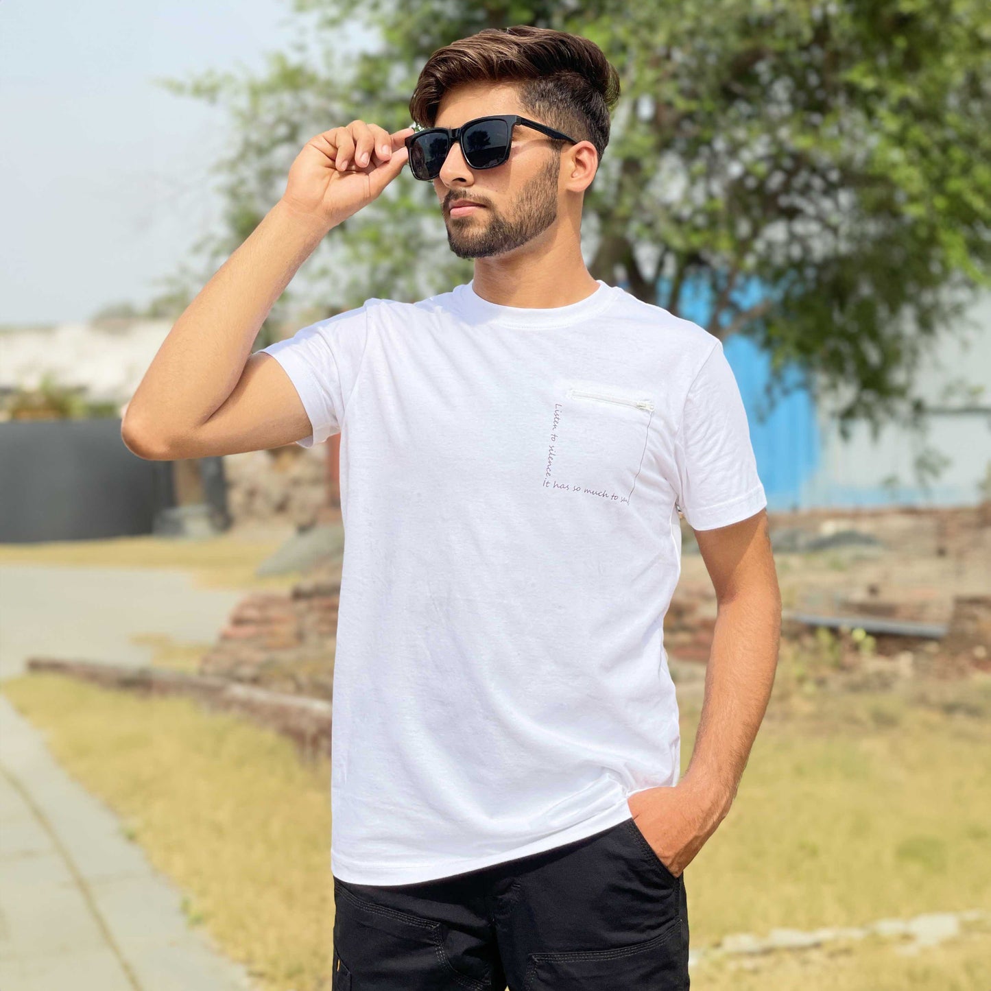 Polo Republica Men's Rumi Quote Printed Mock Zipper Pocket Tee Shirt Men's Tee Shirt Polo Republica White S