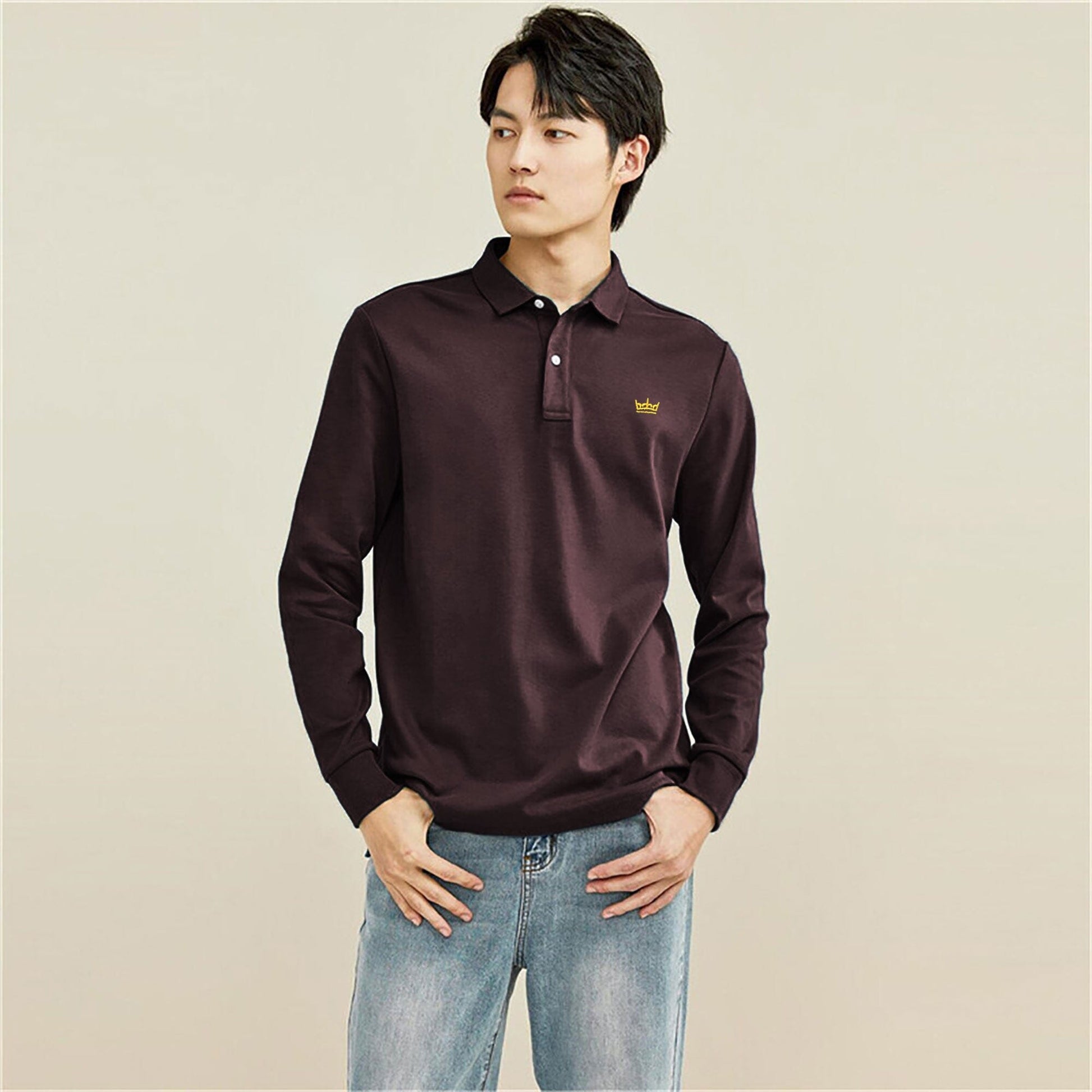 Industrialize Men's Crown Embroidered Long Sleeve Polo Shirt Men's Polo Shirt IST Burgundy 2XS 