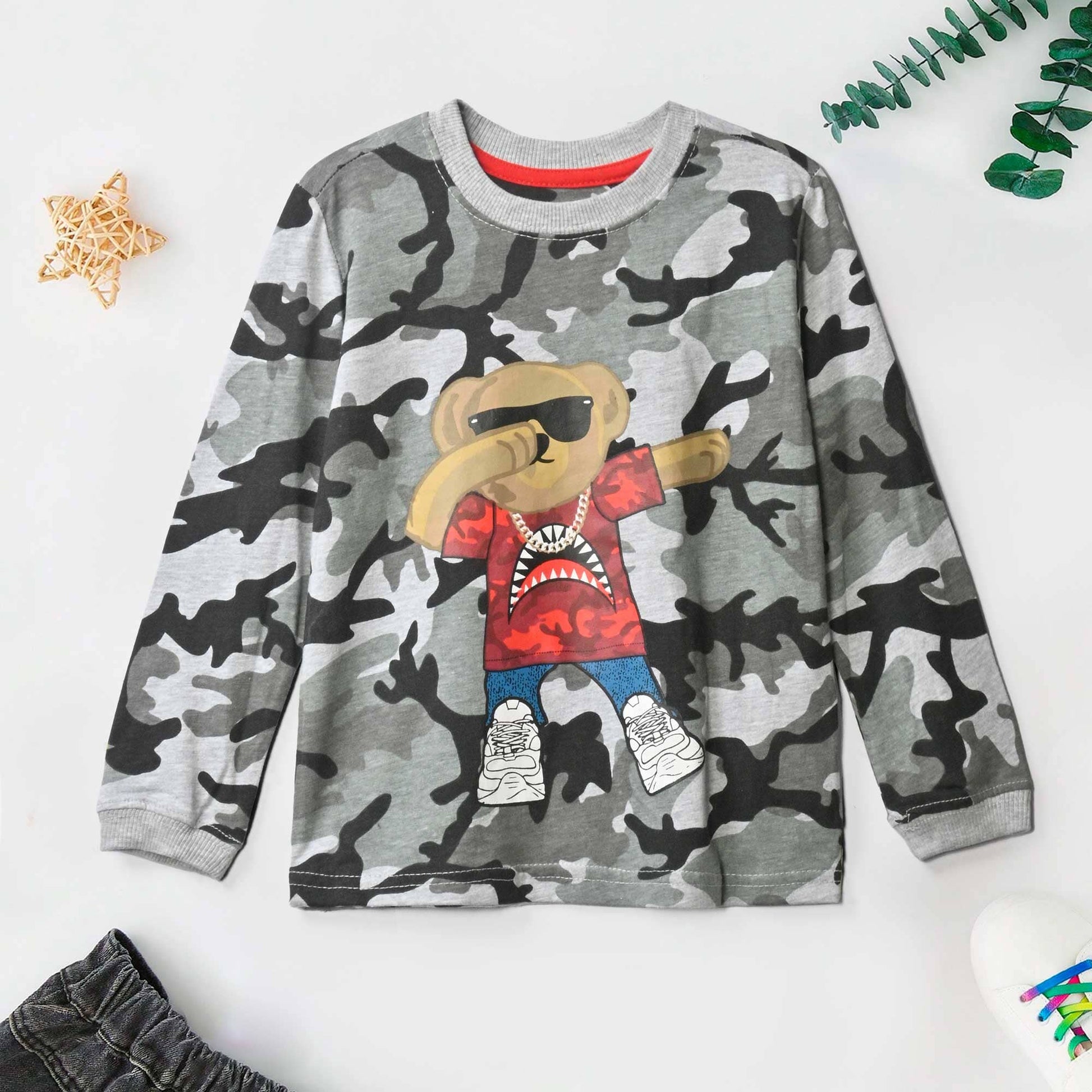 Max 21 Kid's Camo Style Bear Printed Long Sleeve Tee Shirt Kid's Tee Shirt SZK Camo Grey 4 Years 