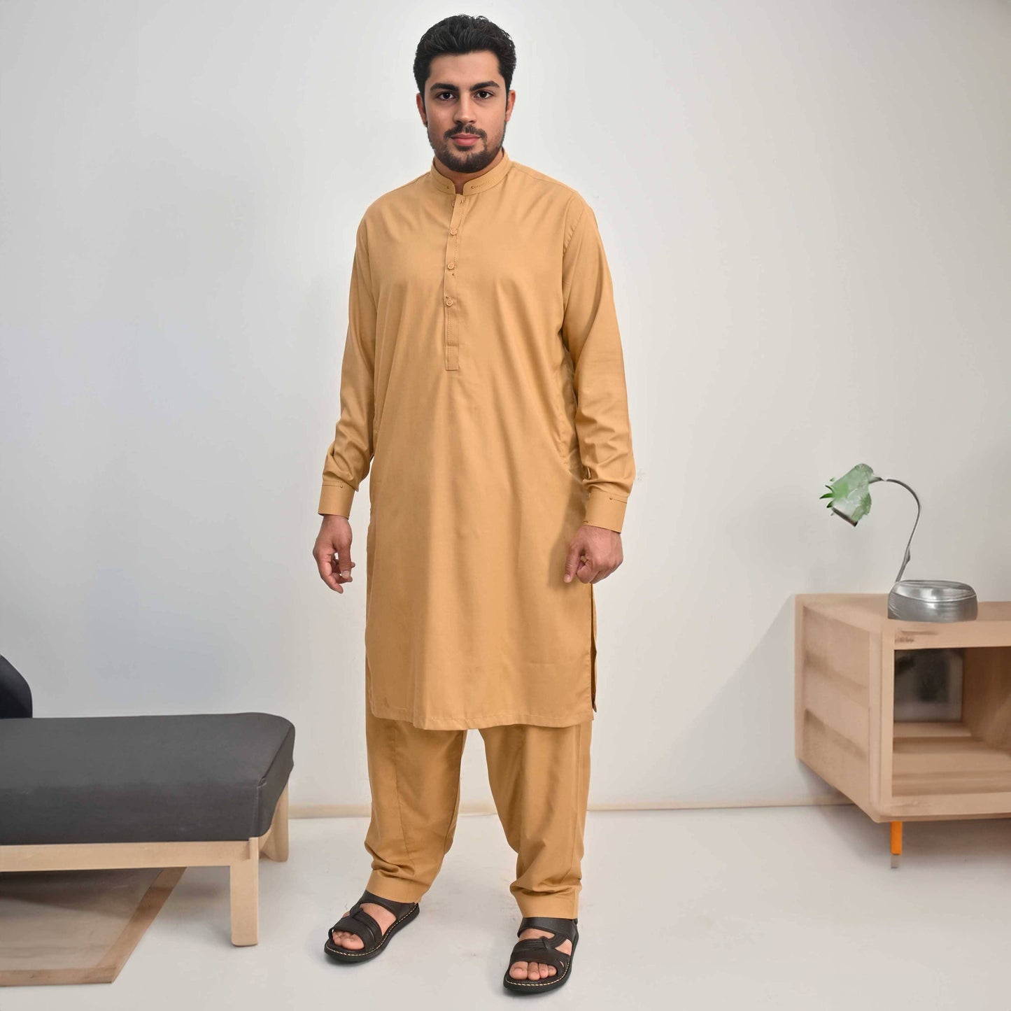 Hud Hud Men's Mandarin Collar Stitched Suit Shalwar Kameez Men's Suit MHJ Brown L 
