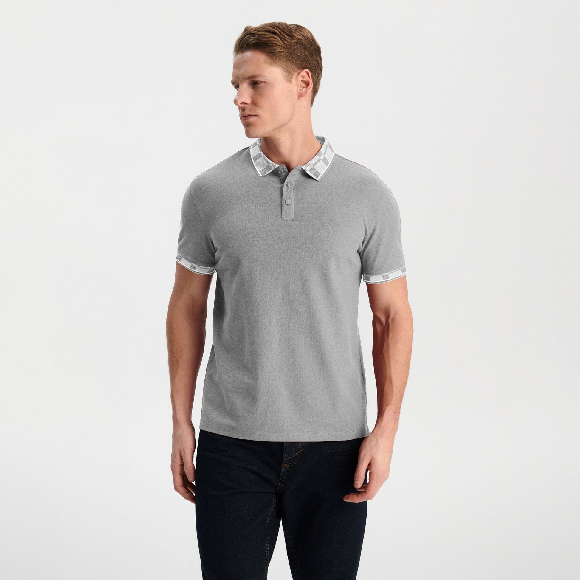 Max 21 Men's Check Collar Design Polo Shirt Men's Tee Shirt SZK Grey S 