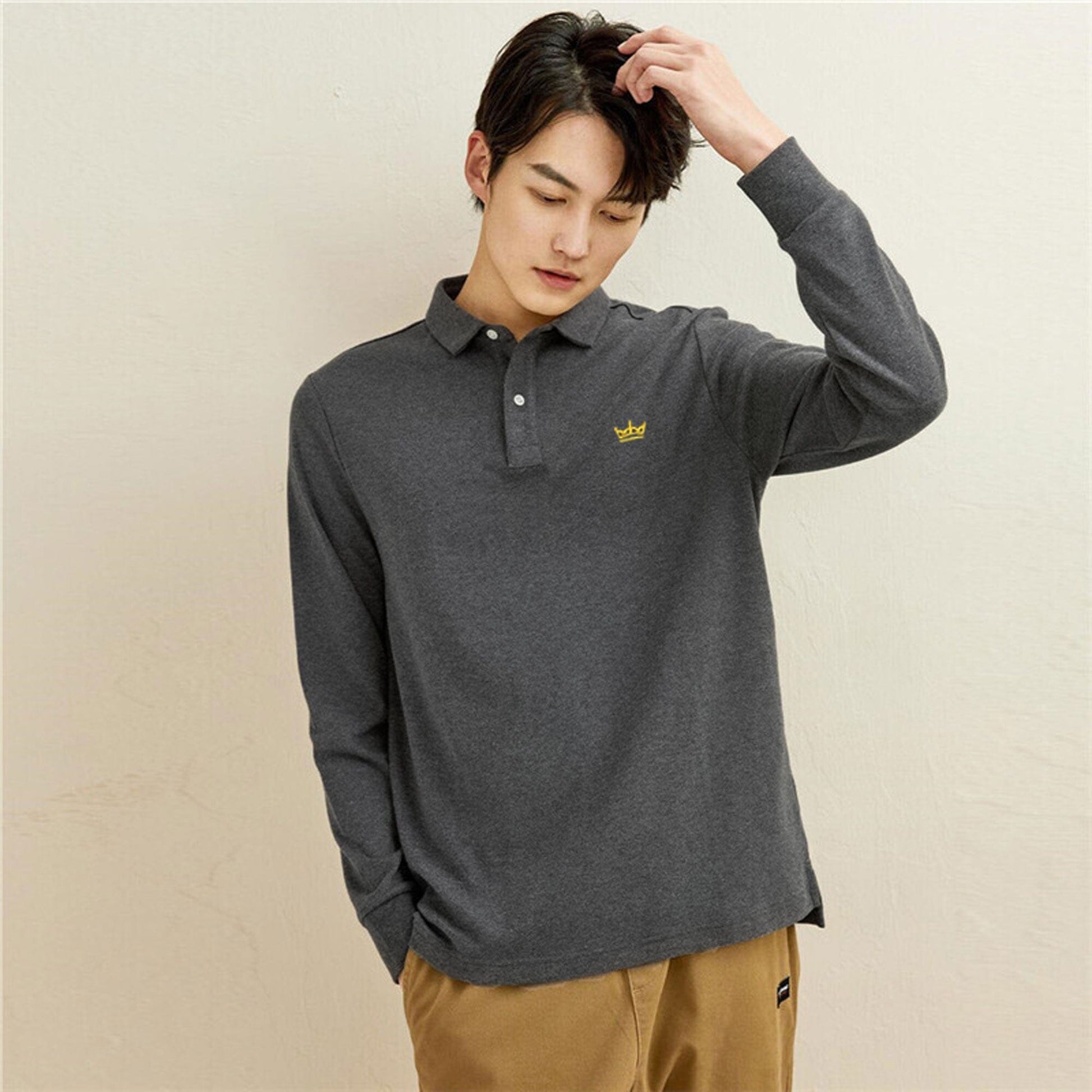 Industrialize Men's Crown Embroidered Long Sleeve Polo Shirt Men's Polo Shirt IST Charcoal 2XS 