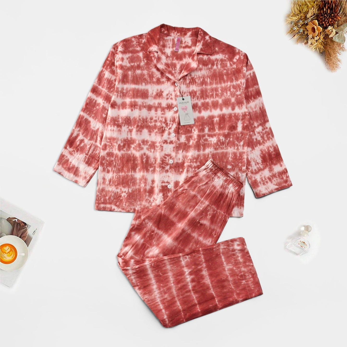 HUD HUD Women’s Tie & Dye Design Sleeping Suit Women's Sleep Wear MHJ Coral Red S 