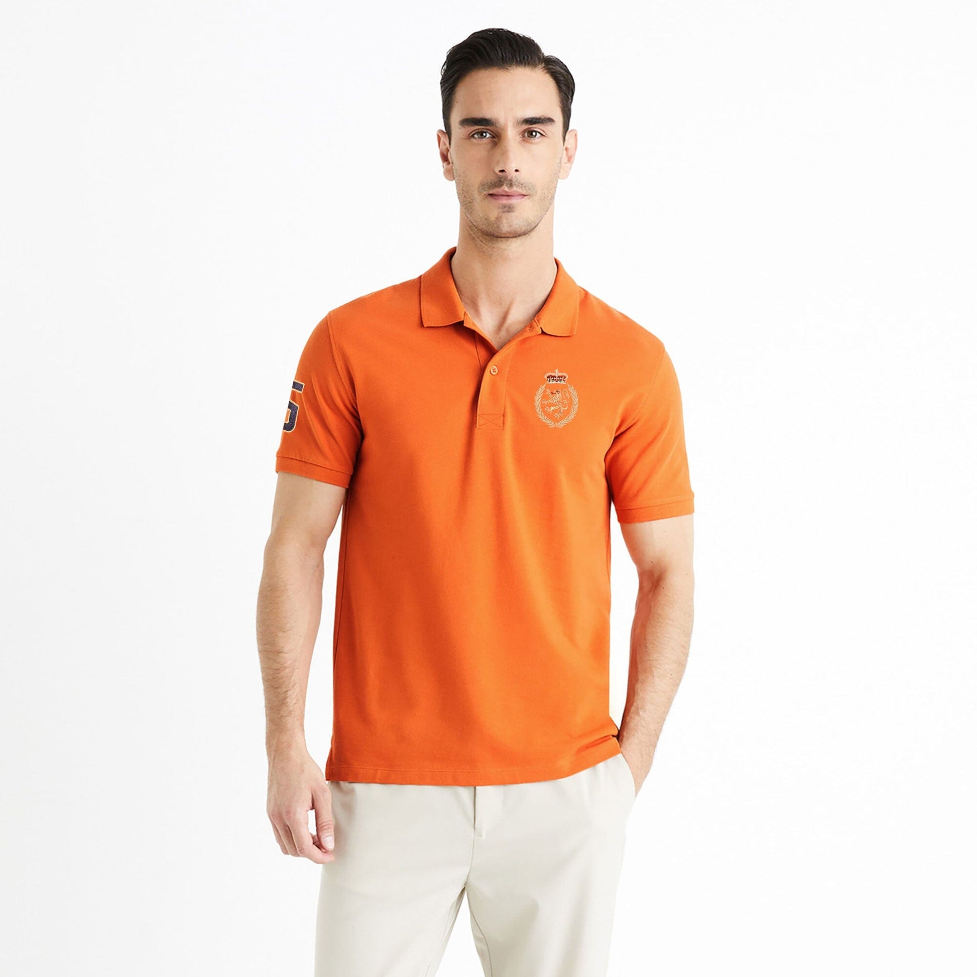 Polo Republica Men's Lion Crest & 5 Embroidered Short Sleeve Polo Shirt Men's Polo Shirt Polo Republica Orange S 