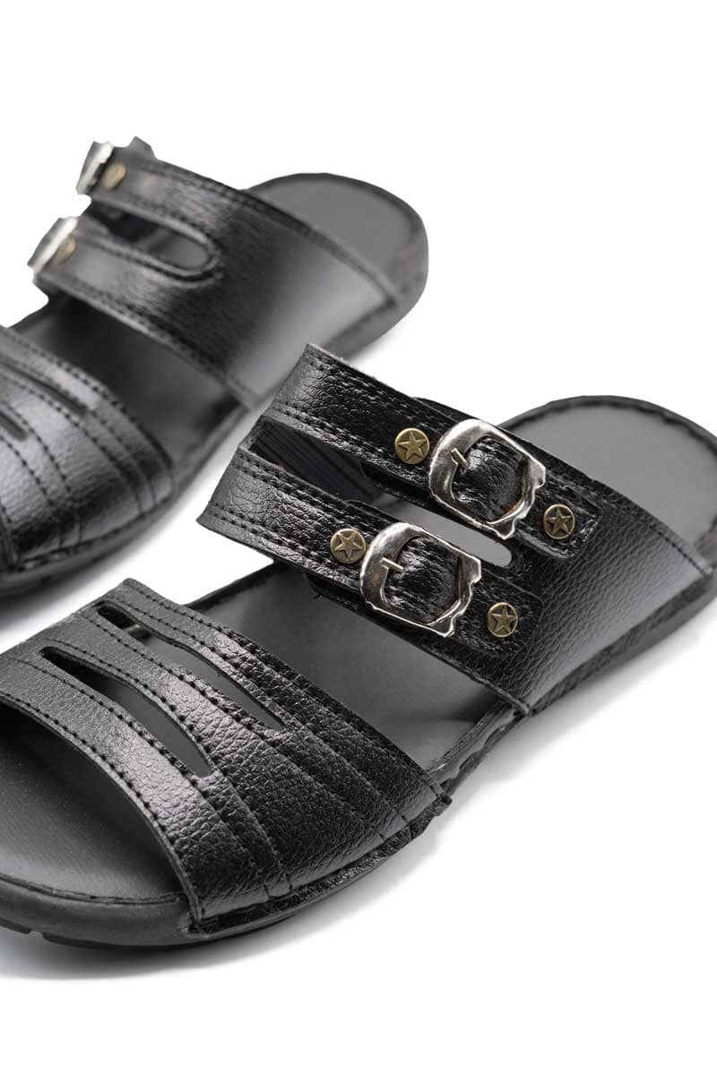 Men's Buckle Straps Leather Slippers