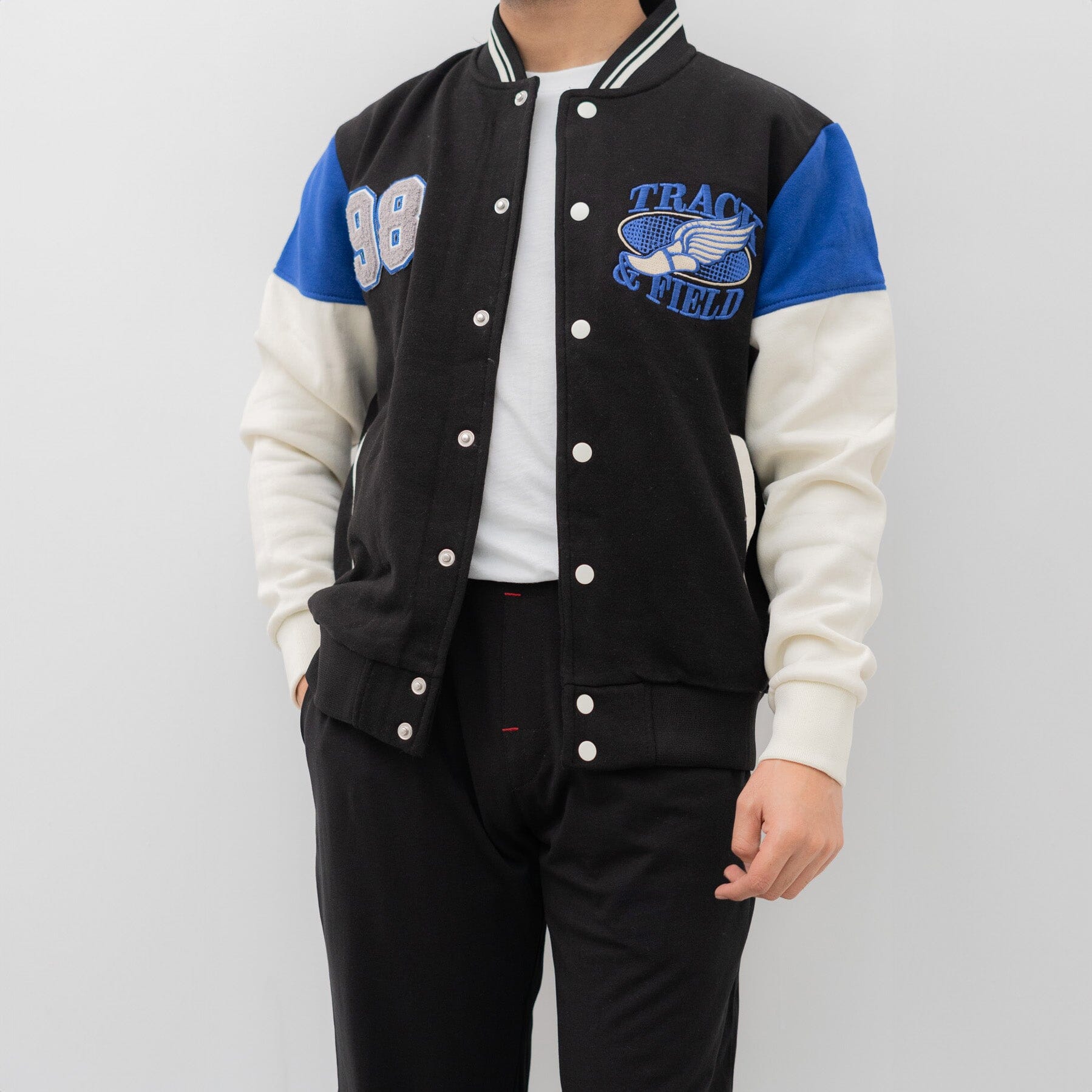 Primark Unisex Track & Field Embroidered Baseball Varsity Fleece Jacket Men's Jacket HAS Apparel Black & Off White XS 