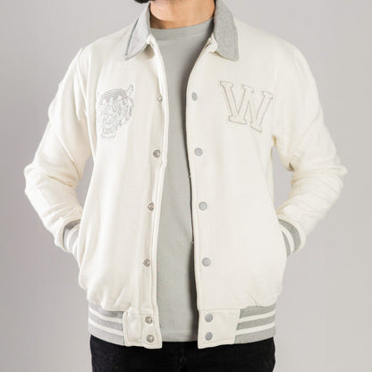 Primark Unisex Tiger Embroidered Baseball Varsity Fleece Jacket Men's Jacket HAS Apparel Off White XS 