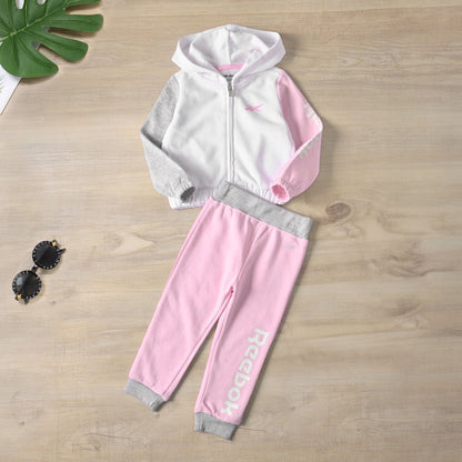 Reebok Kids' Contrast Sleeves Fleece Zipper Hooded Sweat suit Set-2 Pcs Kid's tracksuit Fiza White 12 Months 