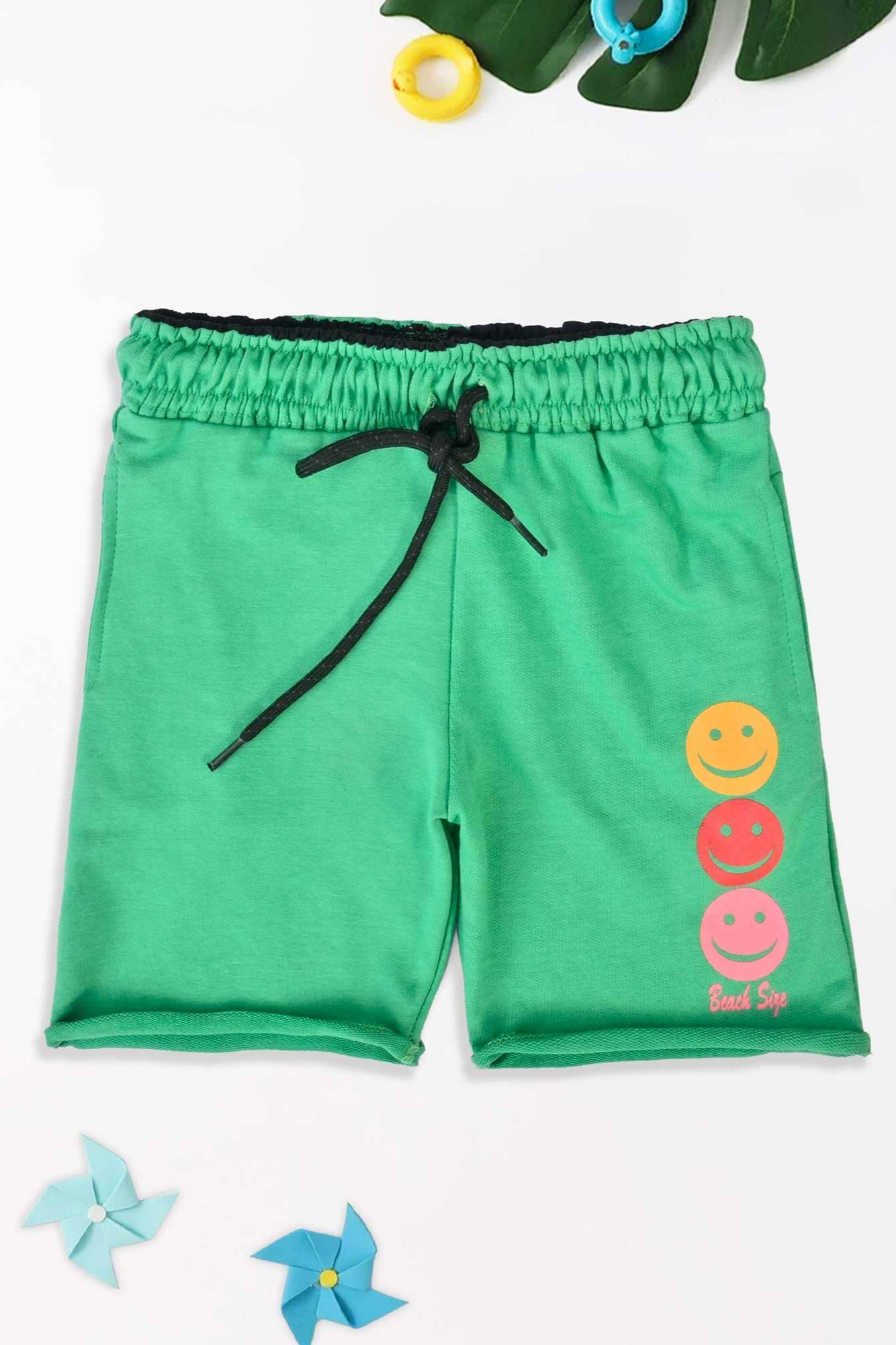 Minoti Kid's Smile Emoji Printed Terry Shorts Kid's Shorts SZK Green 3-4 Years
