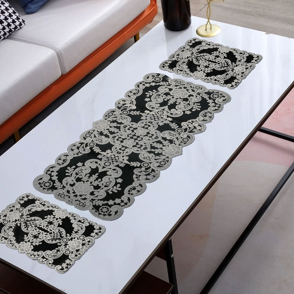 Floral Design Fancy Table Mat Set Placemat - 3 pcs Table Runner De Artistic Black 