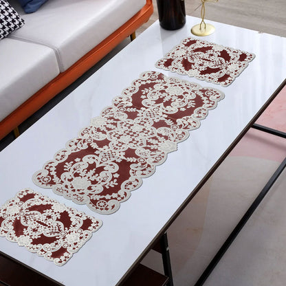 Floral Design Fancy Table Mat Set Placemat - 3 pcs Table Runner De Artistic Maroon 