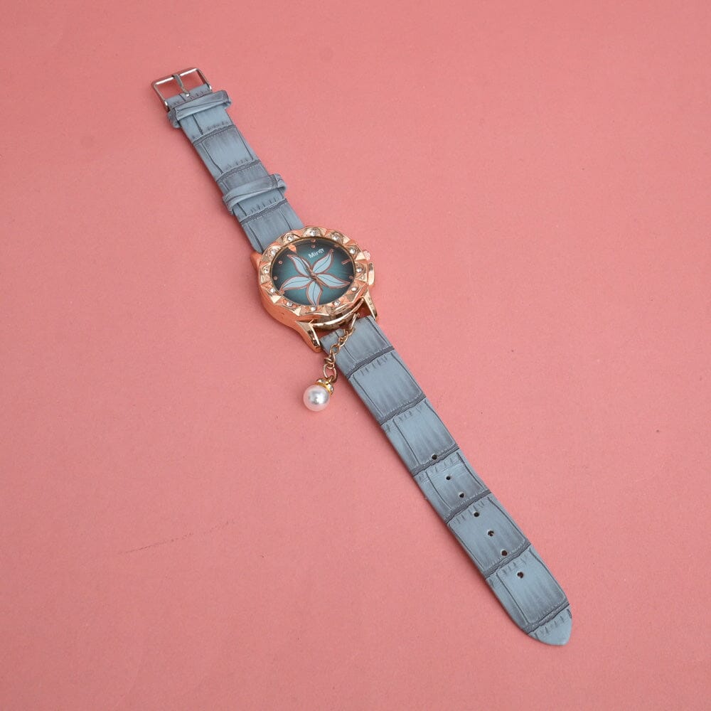 Mira Women's Floral Embellished Design PU Strap Wrist Watch Wrist Watch UNU Black 