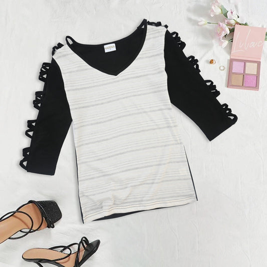 Safina Women’s Stripe On Sleeves Design Tee Shirt Women's Tee Shirt Safina Black & Grey S 