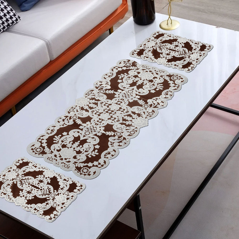 Floral Design Fancy Table Mat Set Placemat - 3 pcs Table Runner De Artistic Brown 