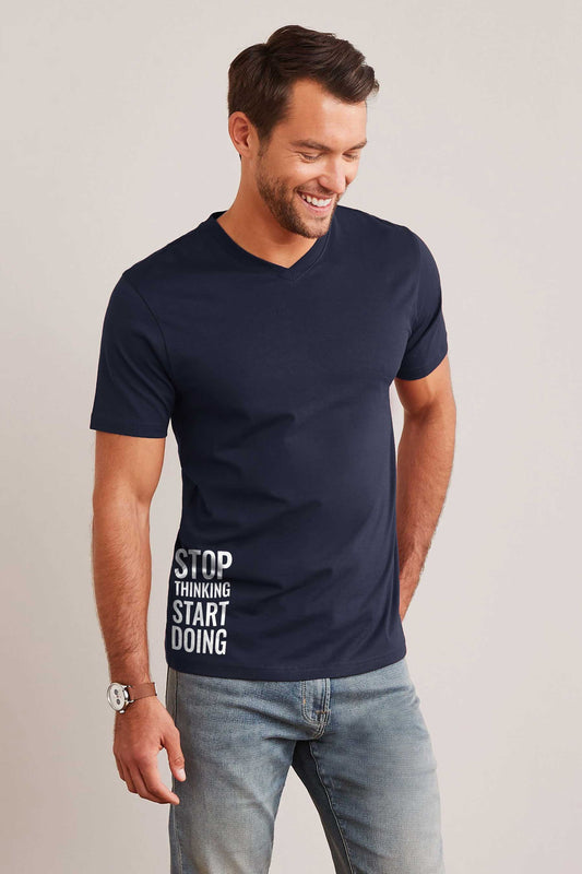Men's Stop Thinking Printed V Neck Short Sleeve Tee Shirt