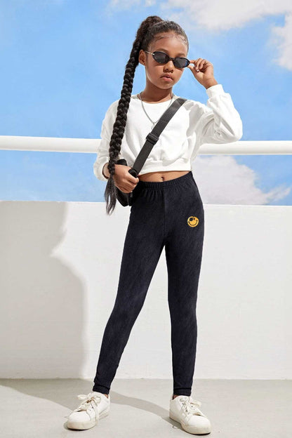 Terez Girl's Smile Emoji Minor Fault Embroidered Leggings Girl's Trousers IBT 