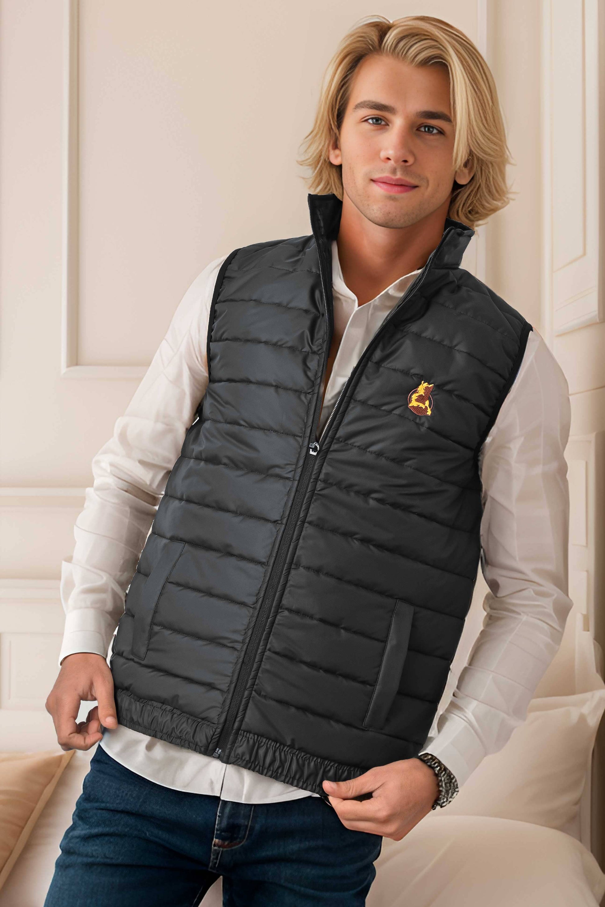 Burnt Soul Men's Wolf Embroidered Body Warmer Puffer Gilet