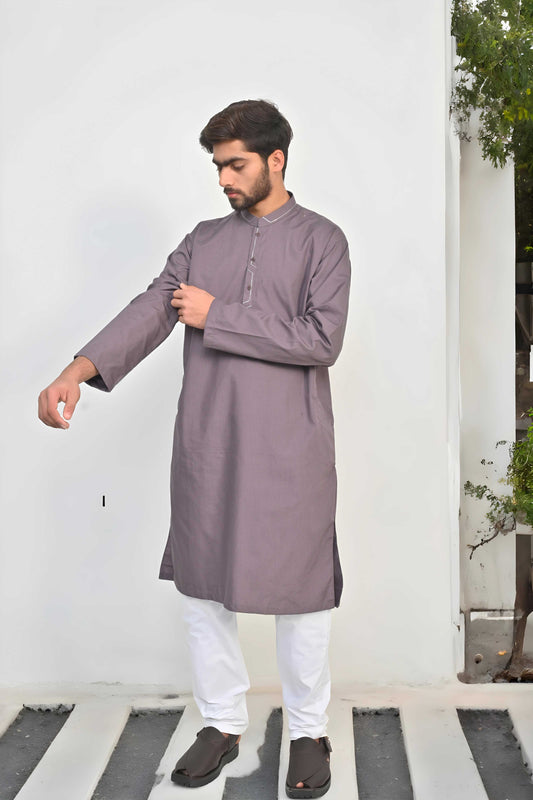 Hud Hud Men's Coventry Design Mandarin Collar Stitched Suit Kurta With Trousers