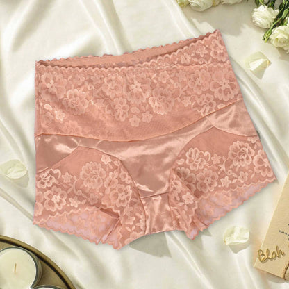 Women's High Waist Floral Lace & Silk Design Underwear Women's Lingerie SAK Peach S 