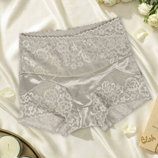 Women's High Waist Floral Lace & Silk Design Underwear Women's Lingerie SAK Beige S 