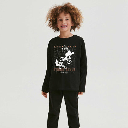 Tessentials Boy's Street Style Printed Long Sleeve Tee Shirt Boy's Tee Shirt SNR Black 98-104 (3-4 Years) 