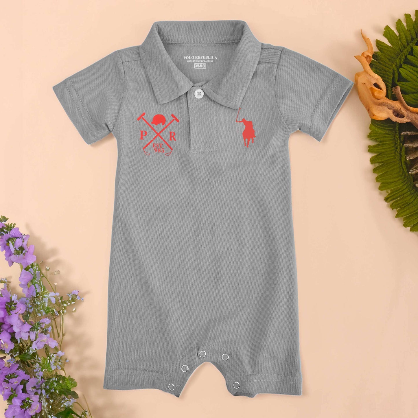 Polo Republica Signature Pony PR Mallets Printed Short Sleeve Baby Romper Romper Polo Republica Grey & Red 0-3 Months 