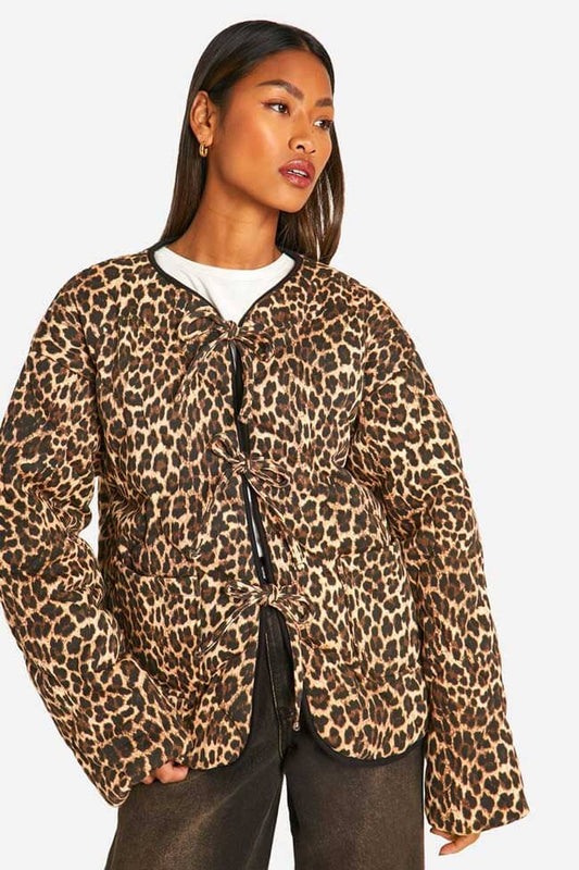 BHO Women's Leopard Tie-Front Padded Jacket