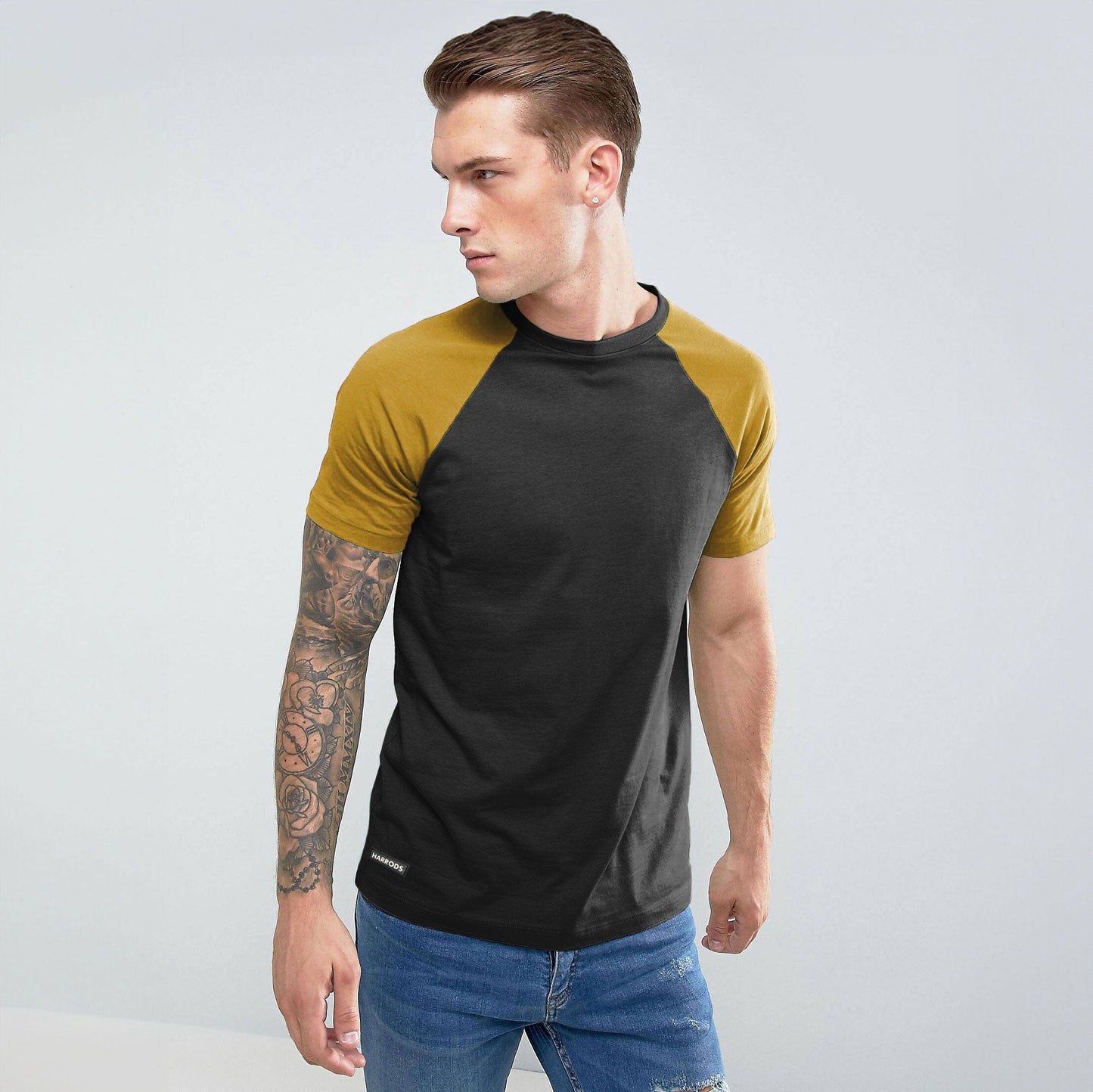 Harrods Men's Contrast Sleeve Style Minor Fault Crew Neck Tee Shirt