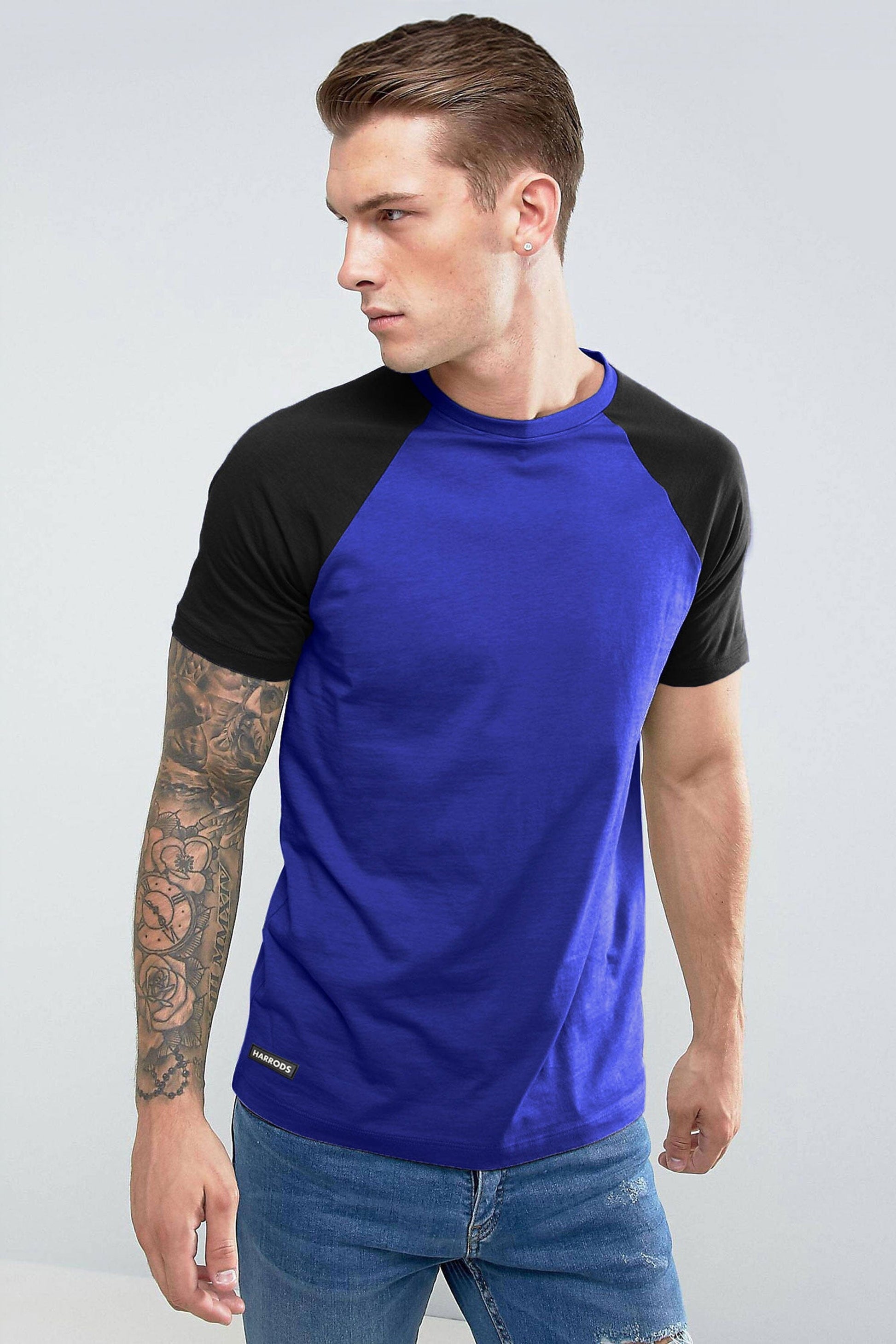 Harrods Men's Contrast Sleeve Style Crew Neck Tee Shirt Men's Tee Shirt IBT Royal S 