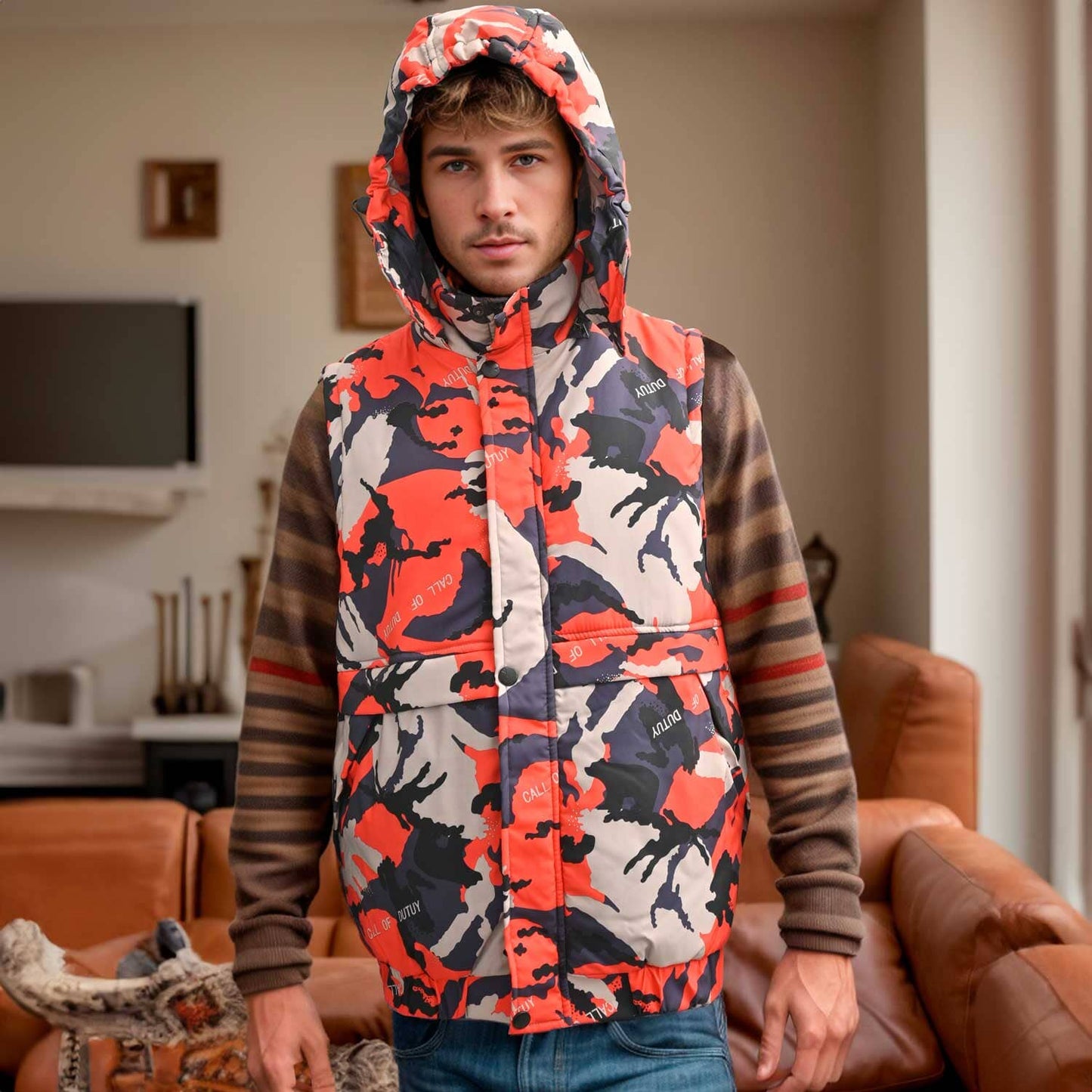 Men's Camo Puffer Body Warmer Hooded Gilet Men's Jacket First Choice Camo Orange 2XL 