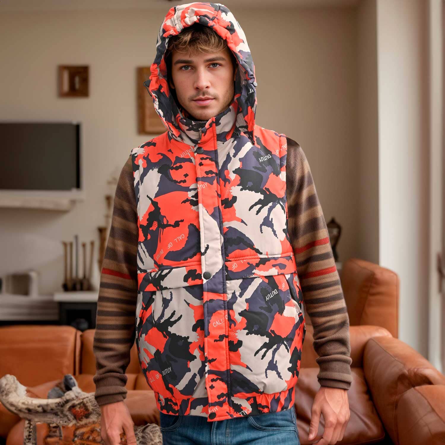 Men's Camo Puffer Body Warmer Hooded Gilet Men's Jacket First Choice Camo Orange 2XL 