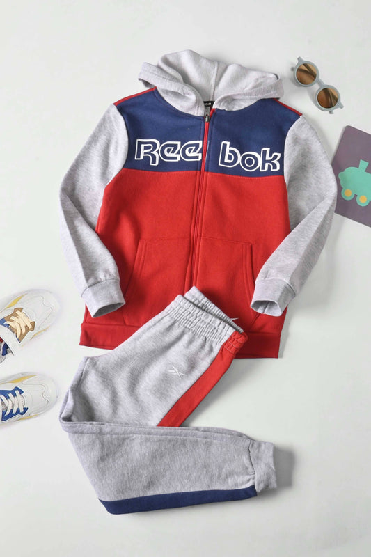 Reebok Kids' Contrast Panel Fleece Zipper Hooded Sweat suit Set-2 Pcs Kid's tracksuit Fiza 