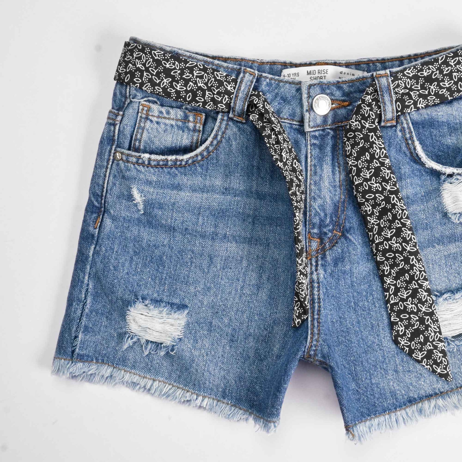 D&Co Girl's Distressed & Belt Style Denim Shorts Girl's Shorts HAS Apparel 