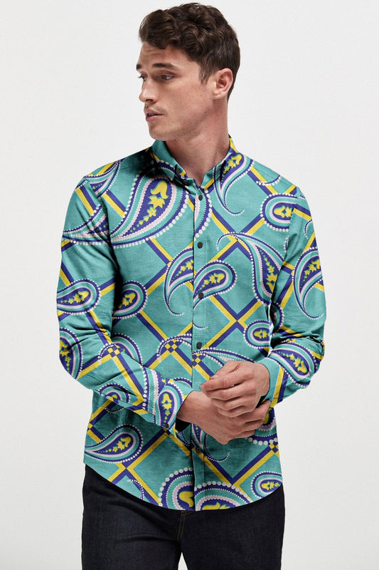 Fashion Men's Merida Printed Design Slim Fit Casual Shirt Men's Casual Shirt First Choice Aqua Green S 