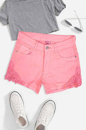 Monguun Girl's Floral Lace Design Denim Shorts