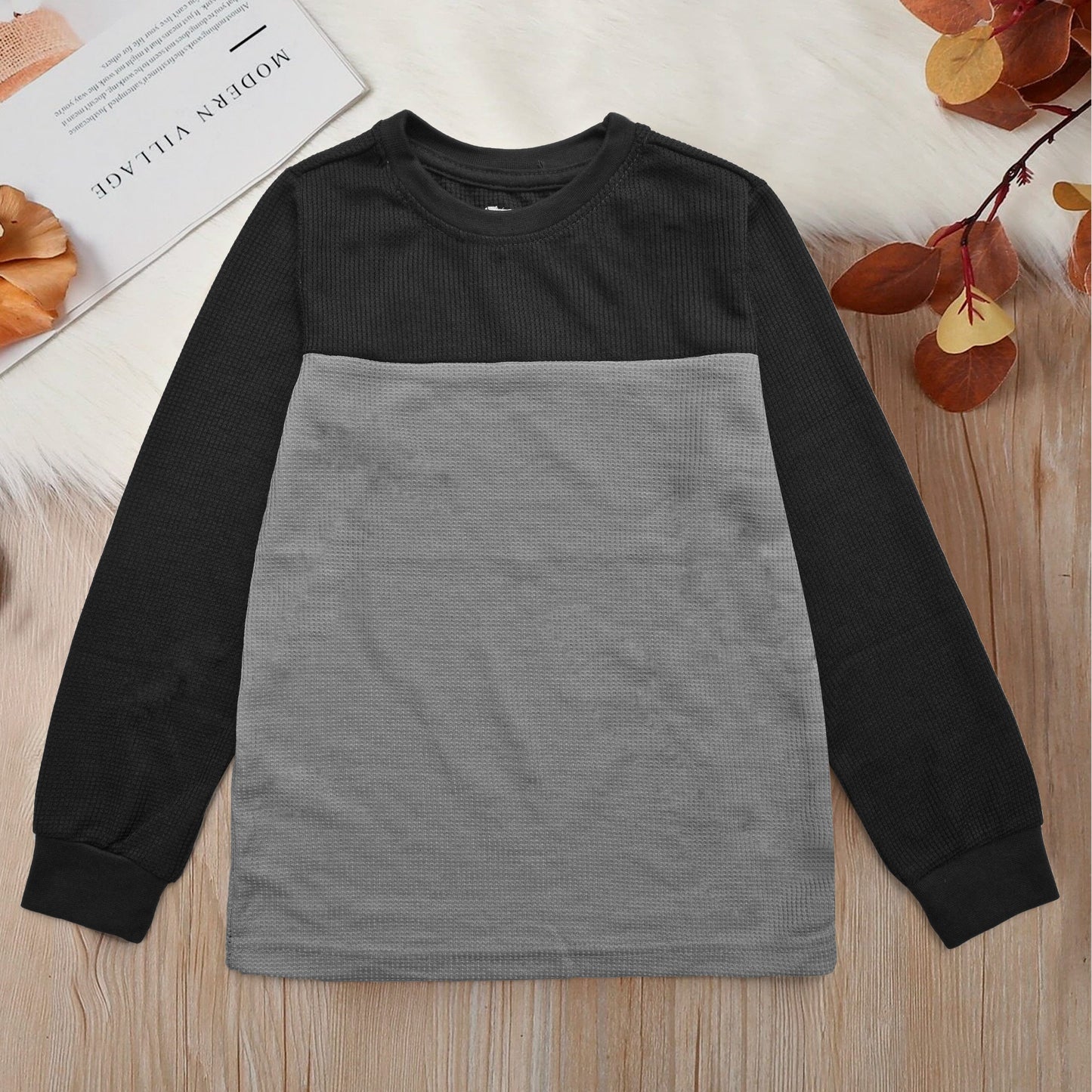 CD Kid's Contrast Style Long Sleeve Thermal Sweat Shirt Kid's Sweat Shirt Syed Adeel Zafar Black & Grey 2T 