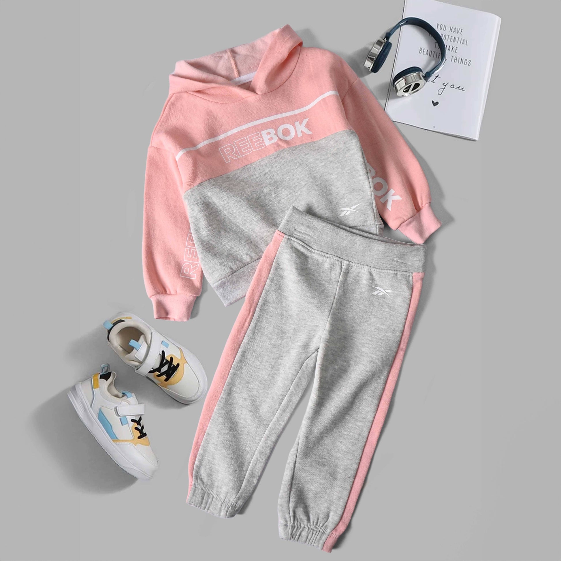 Reebok Kids' Sweat suit Set 2 Pcs Kid's tracksuit Fiza Pink & Heather Grey 12 Months 