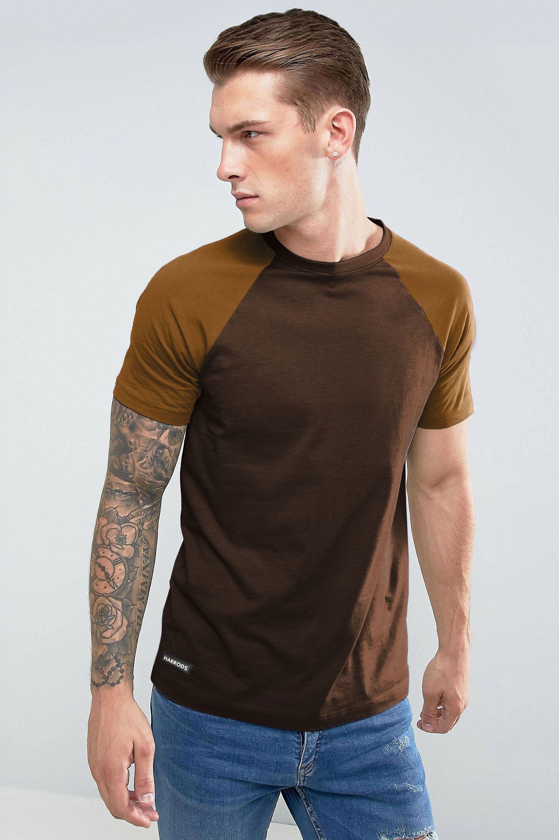 Harrods Men's Contrast Sleeve Style Crew Neck Tee Shirt Men's Tee Shirt IBT 