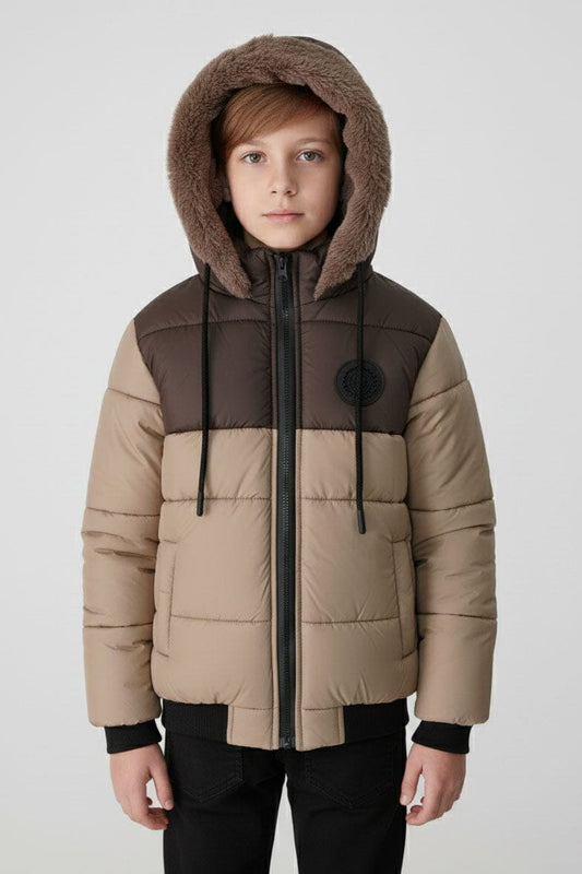 Boy's Fur Hooded Contrast Puffer Jacket