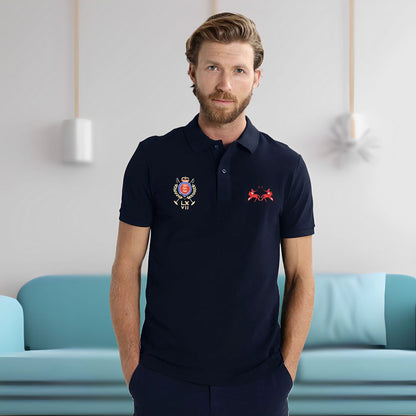 Polo Republica Men's Double Horse & Emblem Embroidered Short Sleeve Polo Shirt Men's Polo Shirt Polo Republica Navy S 