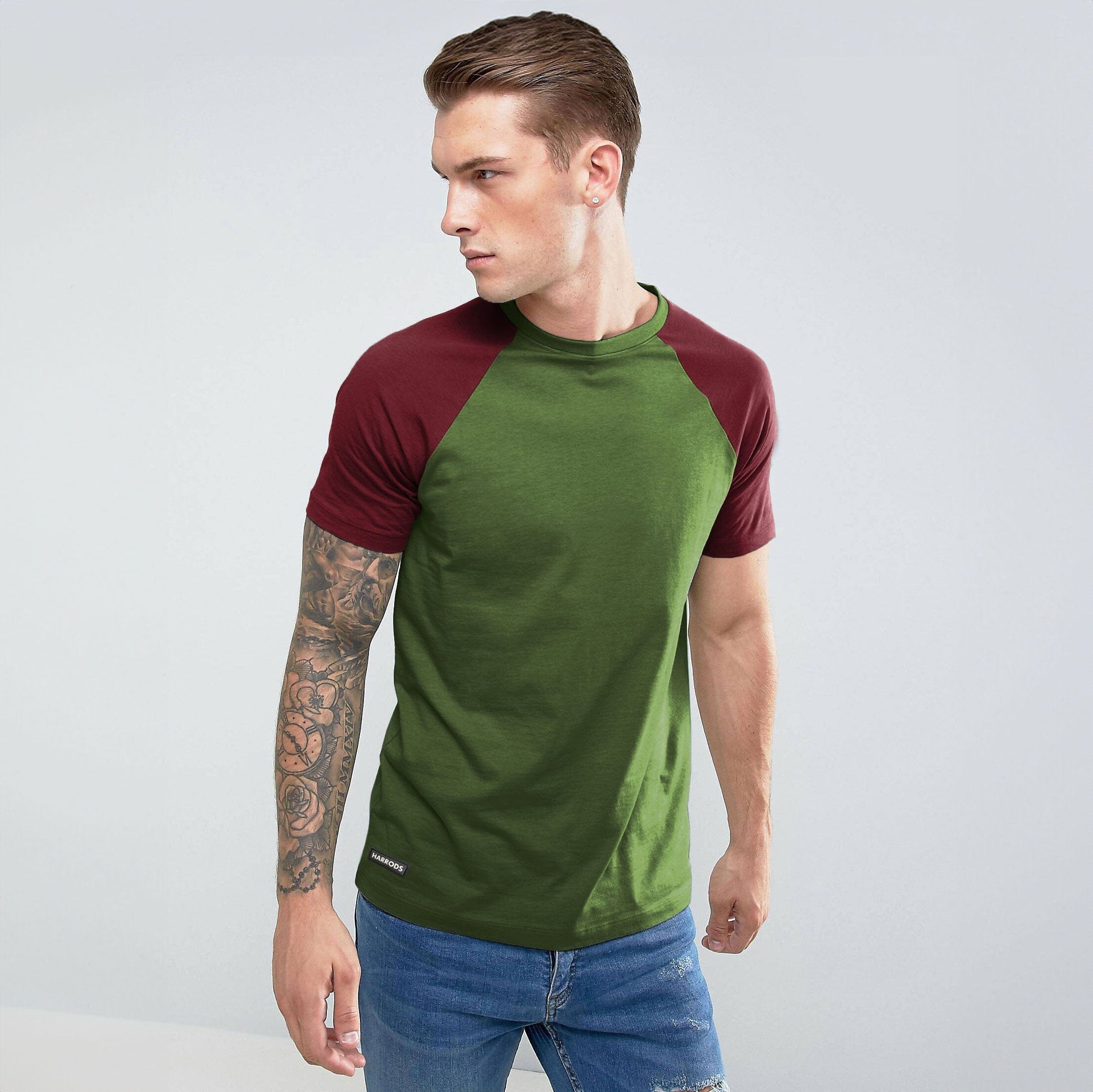 Harrods Men's Contrast Sleeve Style Crew Neck Tee Shirt Men's Tee Shirt IBT Bottle Green S 