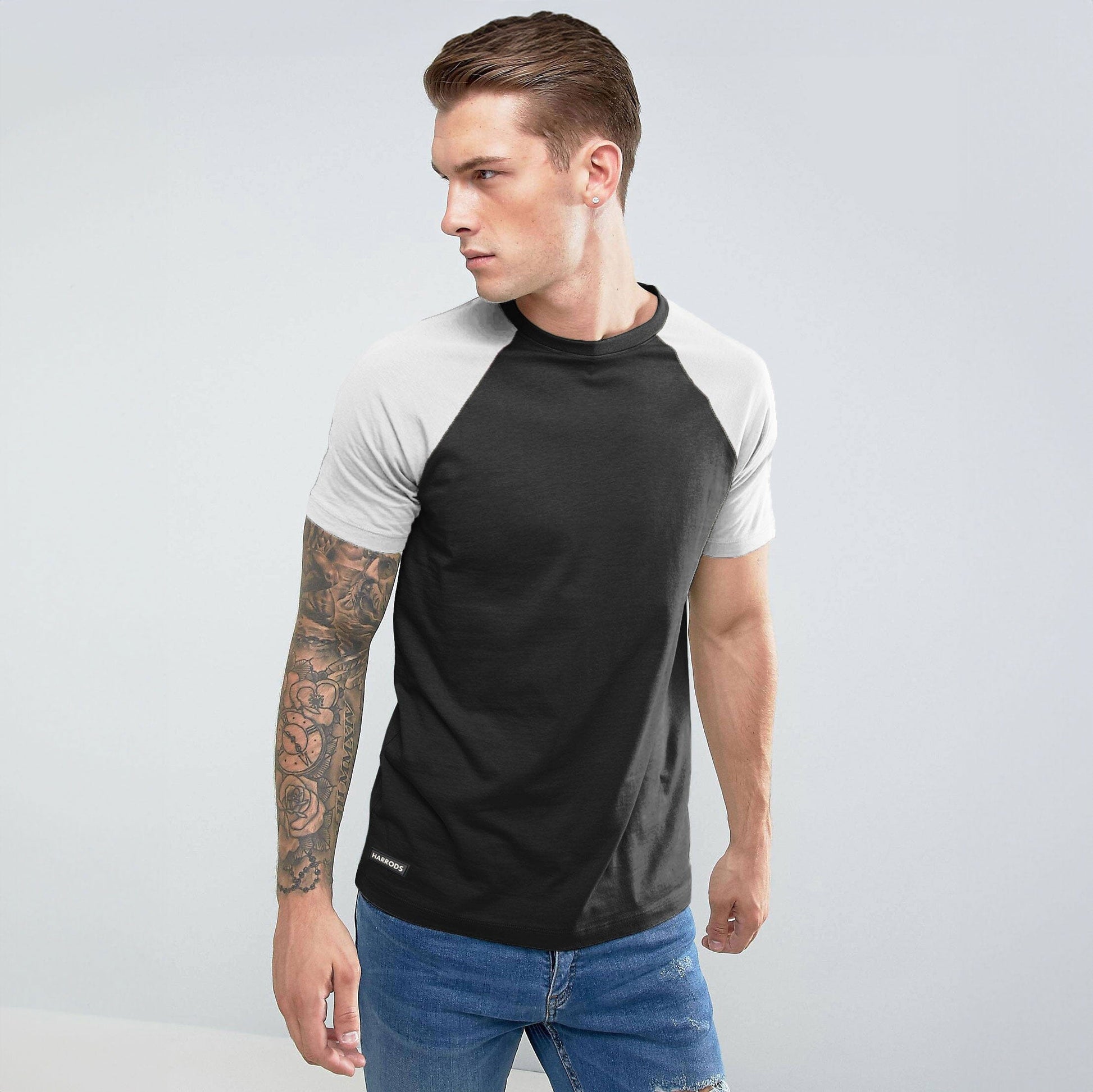 Harrods Men's Contrast Sleeve Style Crew Neck Tee Shirt Men's Tee Shirt IBT Black & White S 