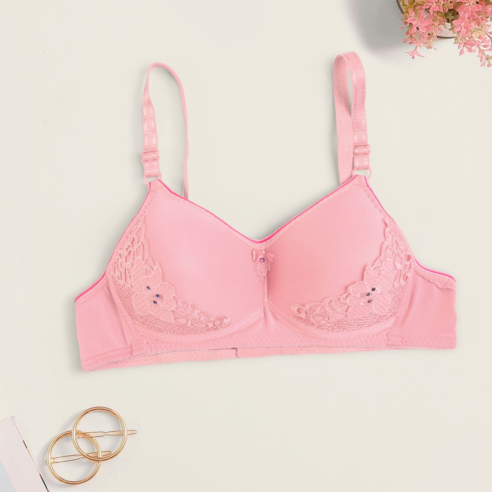 Women's Floral Lace Design Stretched Padded Bra Women's Lingerie CPUS Powder Pink 30 