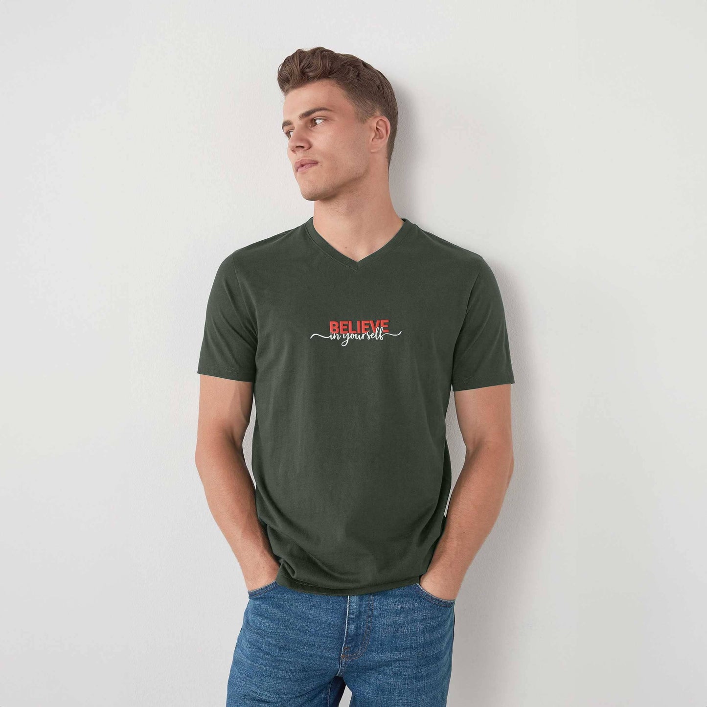 LE Men's CEO Believe In Yourself Printed V Neck Short Sleeve Tee Shirt Men's Tee Shirt Image Bottle Green S 