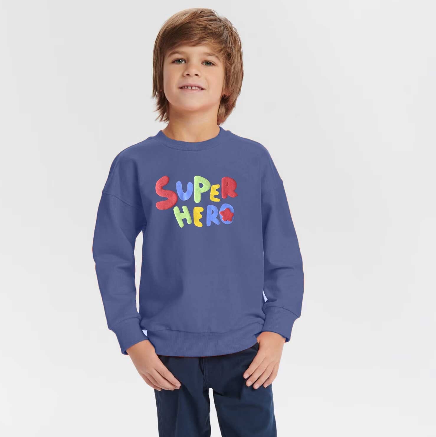 Minoti Kid's Super Hero Printed Fleece Sweat Shirt Kid's Sweat Shirt ZBC Powder Blue 1-2 Years 